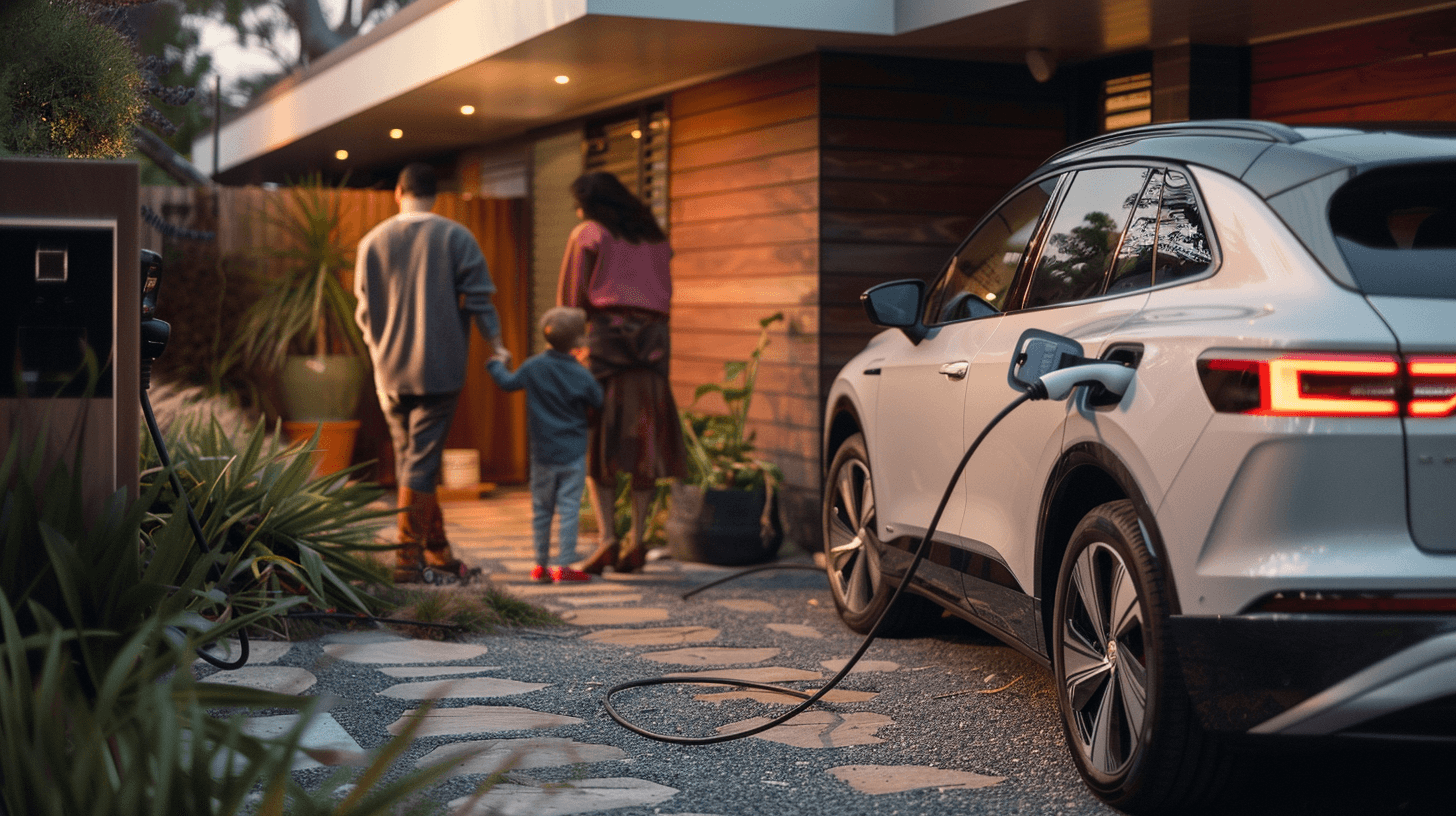 Family arriving home to their electric car charging in the driveway